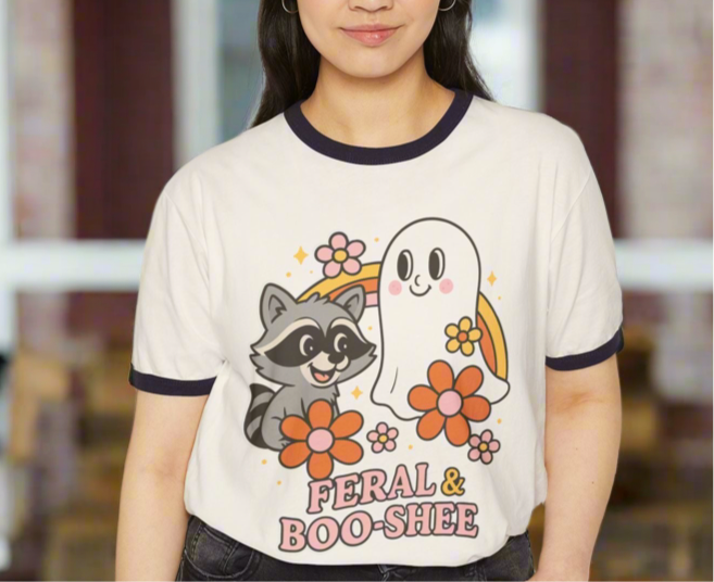 Cute Halloween Ringer T-Shirt with Feral & Boo-Shee Ghost and Raccoon T-shirt