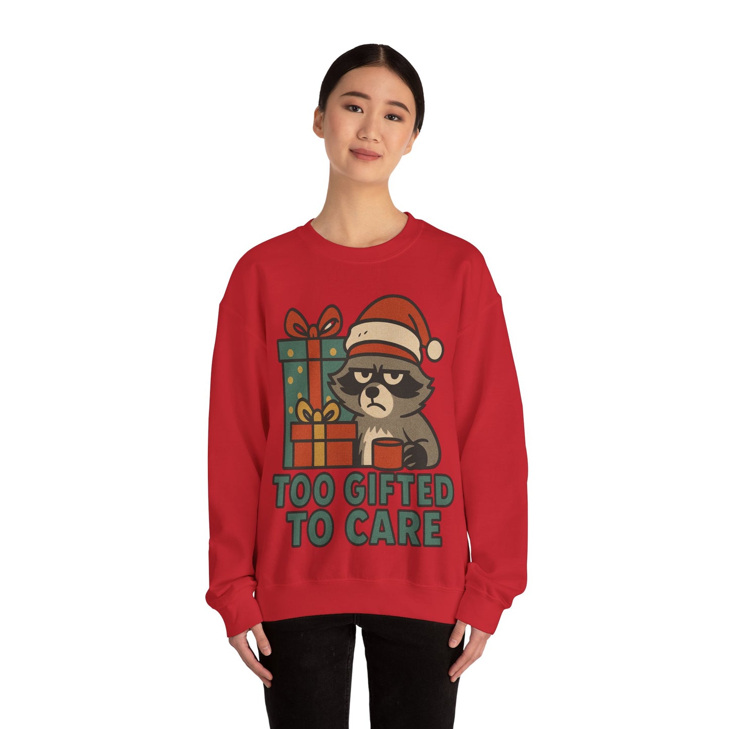 Too Gifted to Care  Cute Holiday Raccoon Sweatshirt, Unisex Christmas Crewneck, Cozy Gift for Him/Her, Funny Winter Apparel