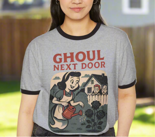 Ghoul Next Door Unisex Cotton Ringer T-Shirt | Fun Halloween Shirt, Vintage Style Graphic Tee,