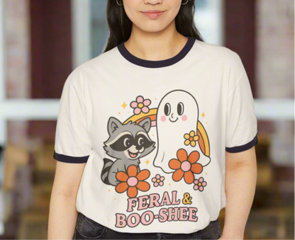 Cute Halloween Ringer T-Shirt with Feral & Boo-Shee Ghost and Raccoon T-shirt