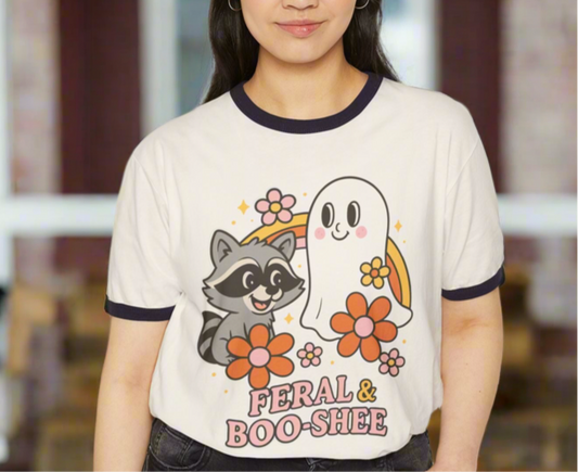 Cute Halloween Ringer T-Shirt with Feral & Boo-Shee Ghost and Raccoon T-shirt