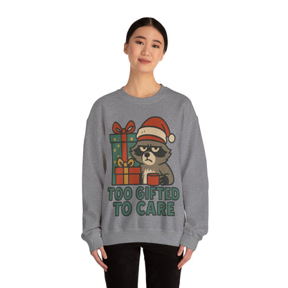 Too Gifted to Care  Cute Holiday Raccoon Sweatshirt, Unisex Christmas Crewneck, Cozy Gift for Him/Her, Funny Winter Apparel