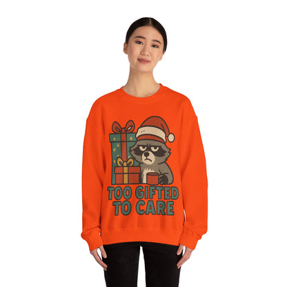 Too Gifted to Care  Cute Holiday Raccoon Sweatshirt, Unisex Christmas Crewneck, Cozy Gift for Him/Her, Funny Winter Apparel