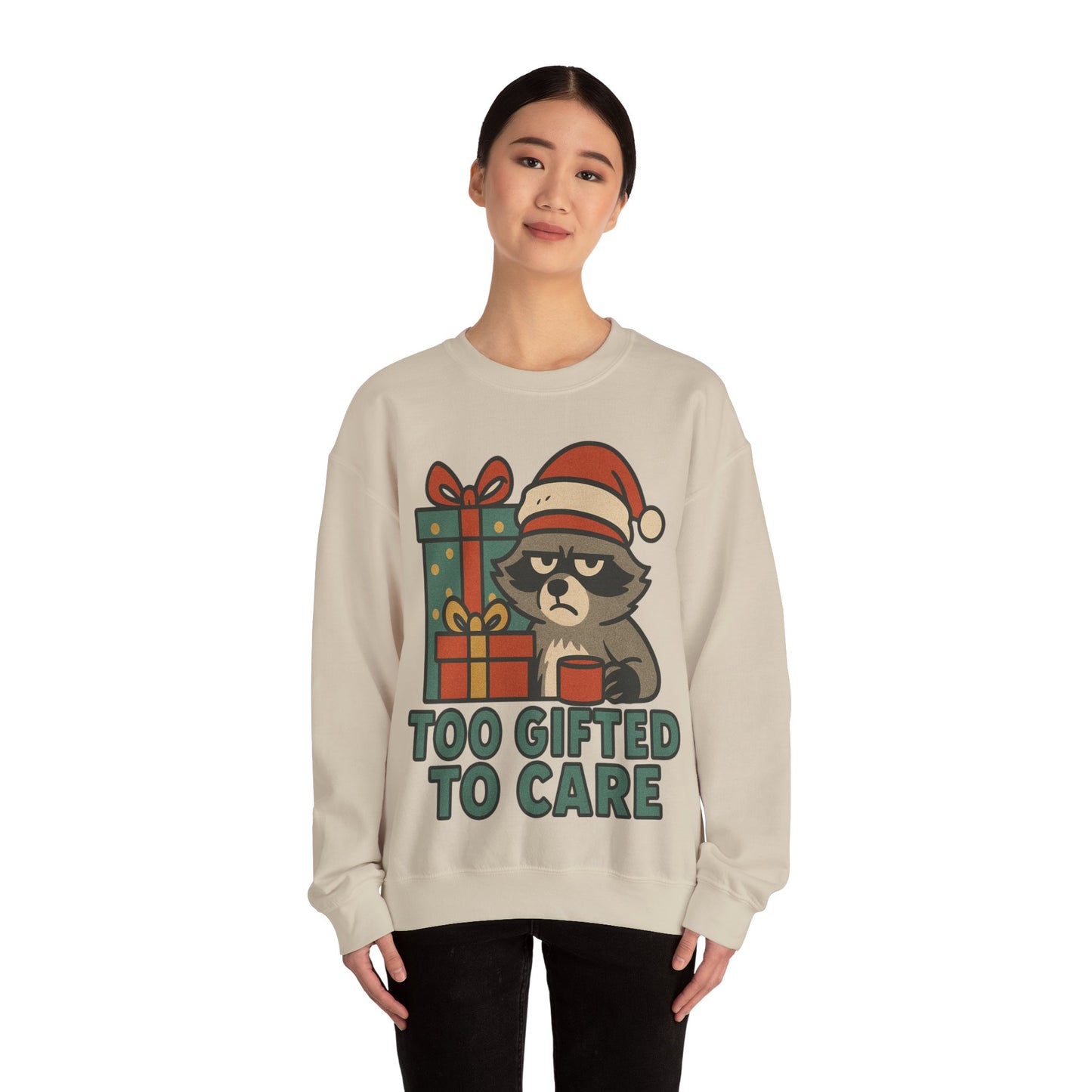 Too Gifted to Care  Cute Holiday Raccoon Sweatshirt, Unisex Christmas Crewneck, Cozy Gift for Him/Her, Funny Winter Apparel