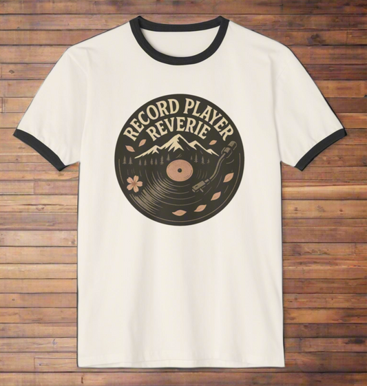 Retro Record Player Ringer T-Shirt | Music Lover Apparel, Vintage Style, Unisex Gift, Fun Graphic Tee, Perfect for Music Festivals