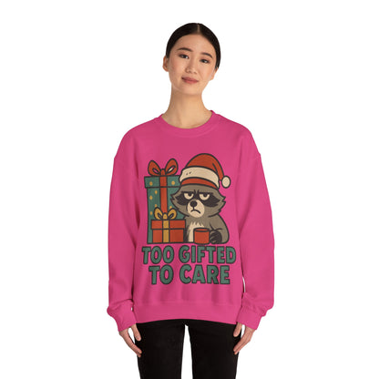Too Gifted to Care  Cute Holiday Raccoon Sweatshirt, Unisex Christmas Crewneck, Cozy Gift for Him/Her, Funny Winter Apparel