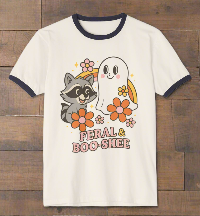 Cute Halloween Ringer T-Shirt with Feral & Boo-Shee Ghost and Raccoon T-shirt
