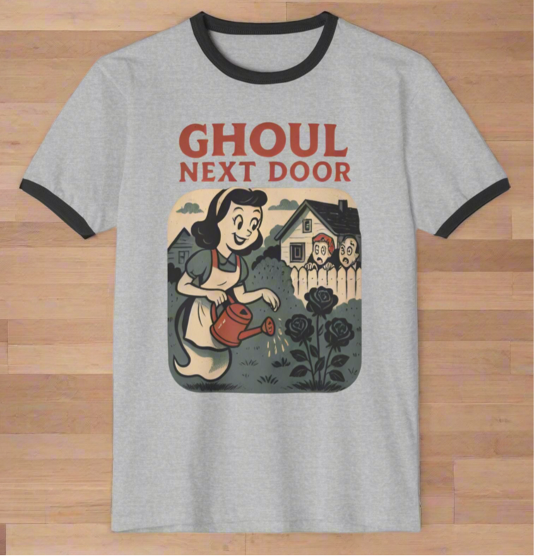 Ghoul Next Door Unisex Cotton Ringer T-Shirt | Fun Halloween Shirt, Vintage Style Graphic Tee,
