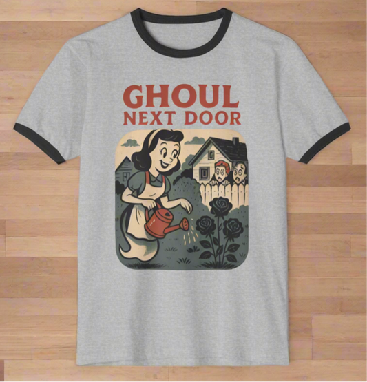 Ghoul Next Door Unisex Cotton Ringer T-Shirt | Fun Halloween Shirt, Vintage Style Graphic Tee,